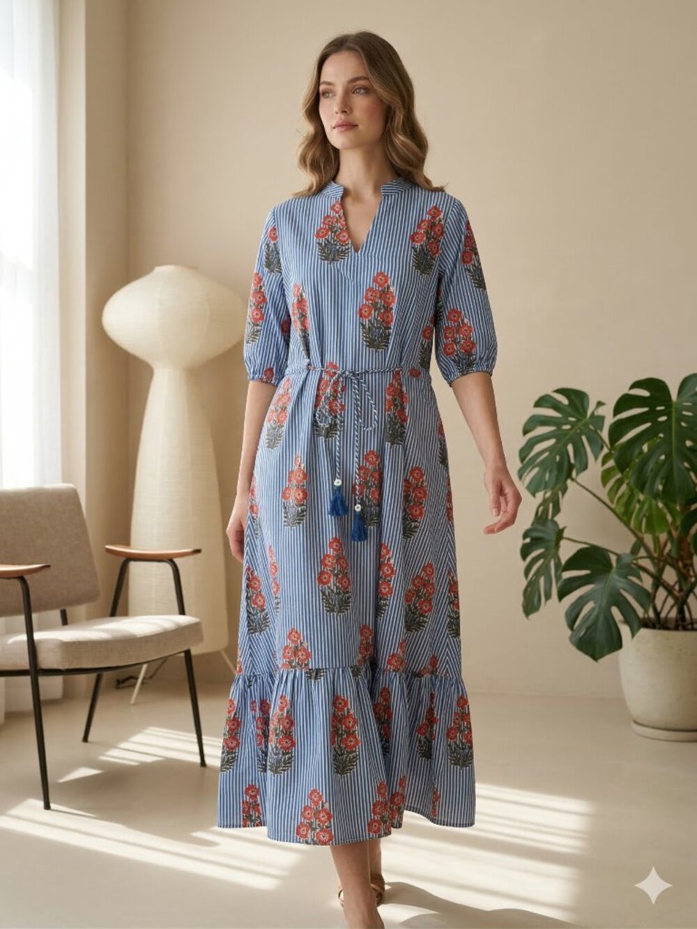 Floral Hand Block Print Kyra Midi Dress, Bohemian Cotton Dress, Dresses for Her